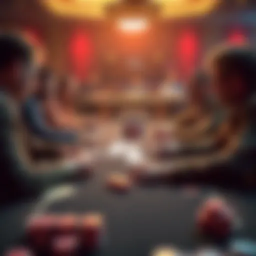 A group of poker players discussing hand histories at a table with cards and chips