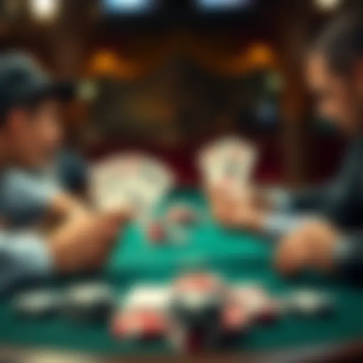 A poker table with two players engaged in a tense showdown, showing their cards with a mix of excitement and uncertainty, one player holding a strong four of a kind while the other has two pairs.