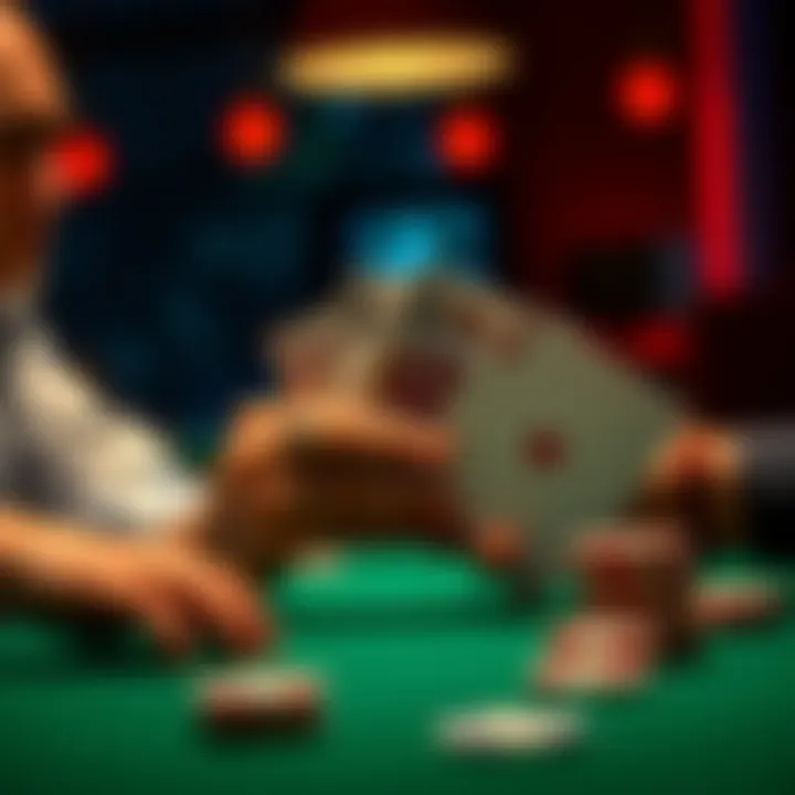 A tense poker scene showing a player contemplating a call with Ace and King suited cards, while another player reveals a small pocket pair, highlighting the high-stakes atmosphere.