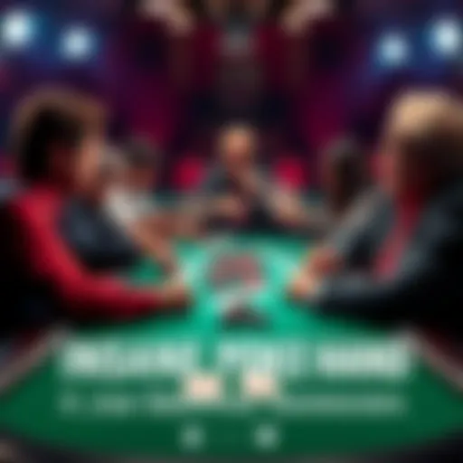 Players at a poker table reacting to a surprising hand, cards spread out and chips stacked high