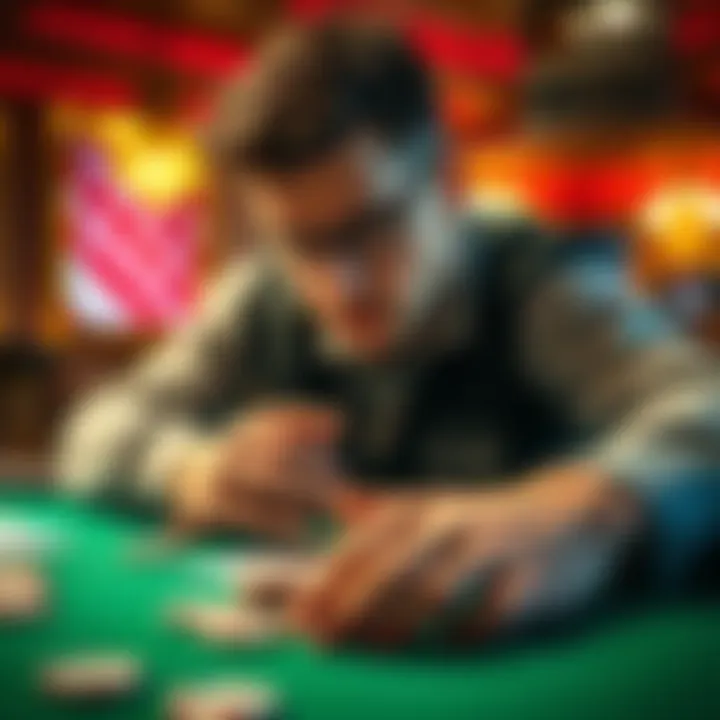 A player contemplating their next move with poker cards on the table, showcasing various hands and chips around.