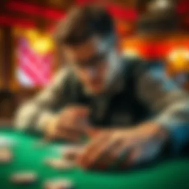 Poker Hand Strategy A player contemplating their next move with poker cards on the table, showcasing various hands and chips around.
