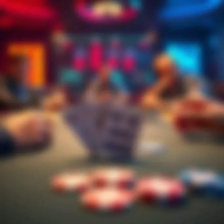 A poker table with five players, each holding suited cards, focusing on drawing a flush after the flop.