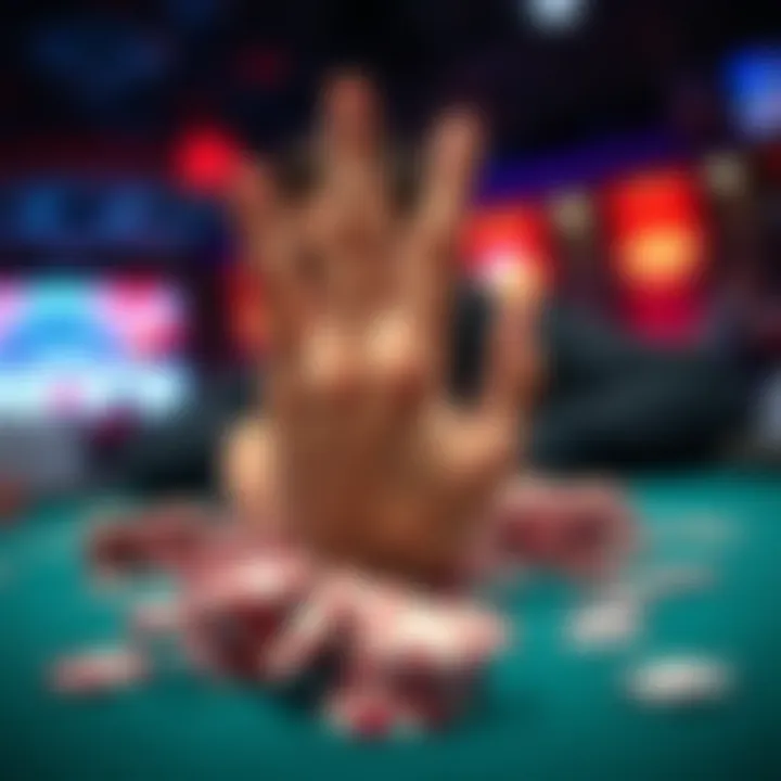 Poker hand with chips A player at a poker table surrounded by chips, celebrating a big win after turning a small buy-in into a large pot in a Pot-Limit Omaha 5 game.