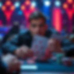 A player analyzing poker hands with a focus on AJo and A10o, looking surprised at the strategy implications, with cards and chips on the table.