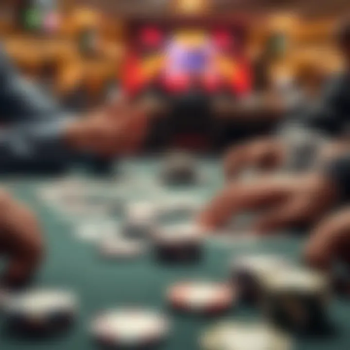 Poker hands on the table A close-up of poker cards and chips during a tense moment in a cash game, showing players deep in thought over a decision.