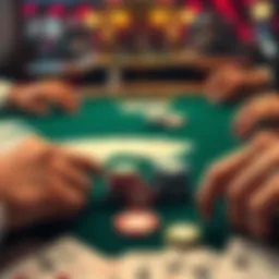 A table showing poker chips and cards, focusing on pairs of 7s and 10s in a game setting.