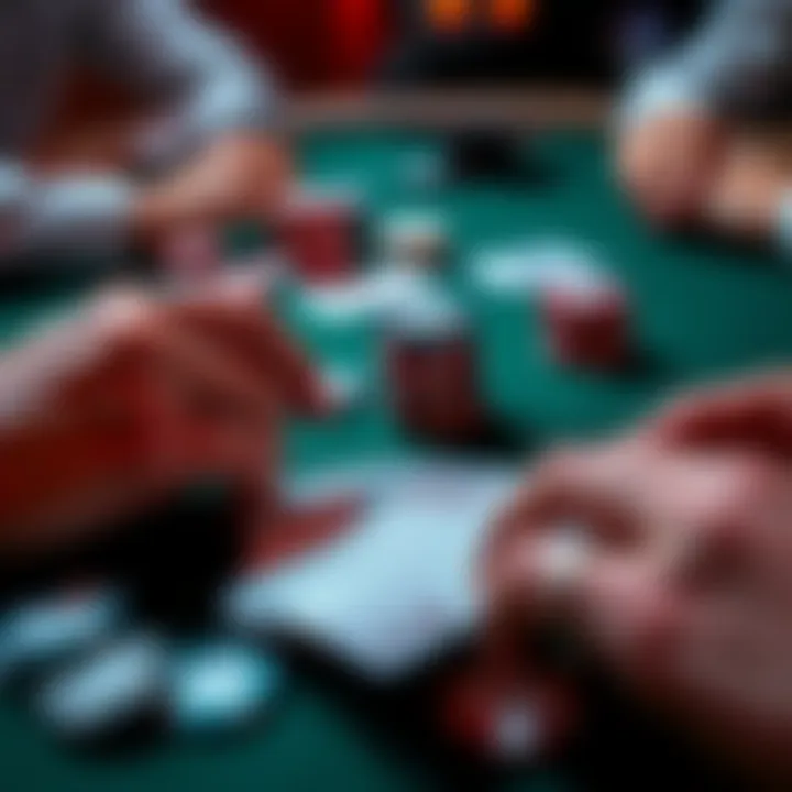 A close-up of poker cards and chips on a table, showing different hands and players in action, highlighting the game dynamics.