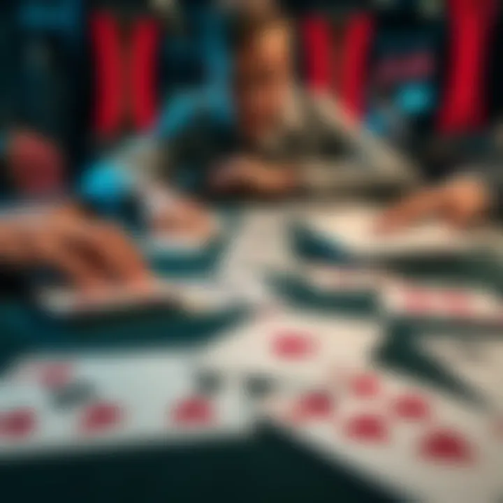 A close-up of a poker table with poor poker hands laid out, showing a mix of cards and a focused player contemplating their next move