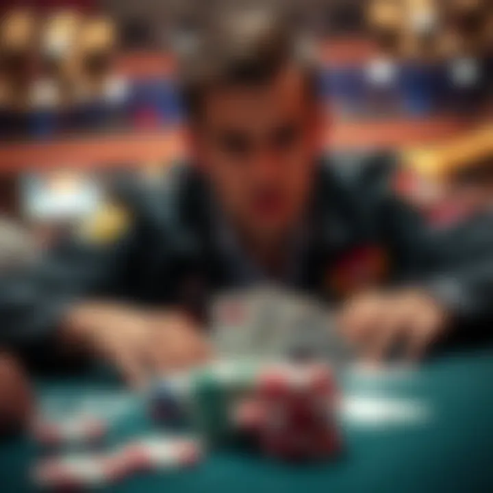 A poker player contemplating a decision with chips and cards in front, representing a hero call in a PLO bomb pot scenario.