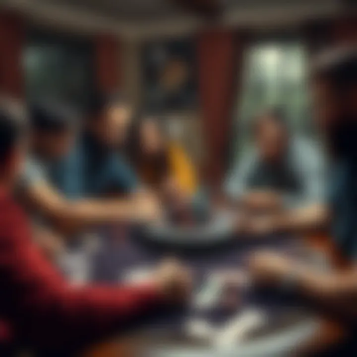 A group of friends gathered around a table playing poker, with chips and cards spread out, showing intense focus and emotions on their faces.