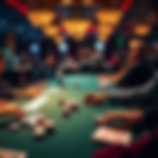 A lively casino scene with people playing poker at a table, showcasing different poker hands and chips, with bright lights in the background.