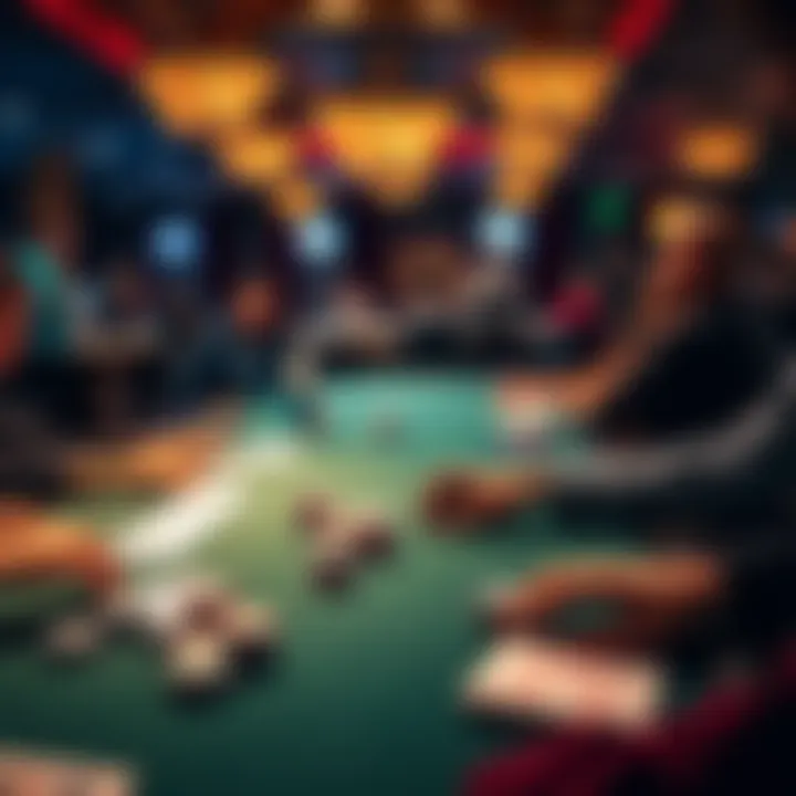 A lively casino scene with people playing poker at a table, showcasing different poker hands and chips, with bright lights in the background.