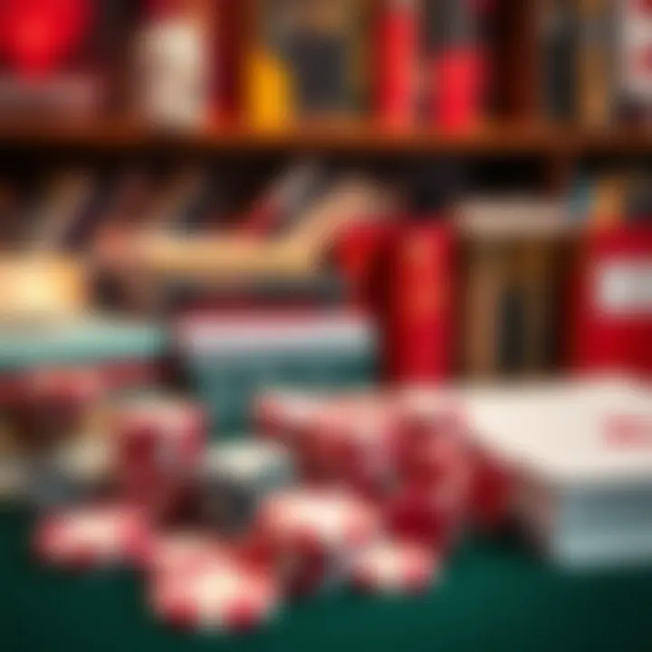 A collection of poker books and chips on a table, showcasing resources for improving poker skills.