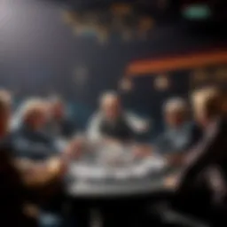A group of poker legends sitting at a table, engaged in discussion with cards spread out, inviting questions from the audience.