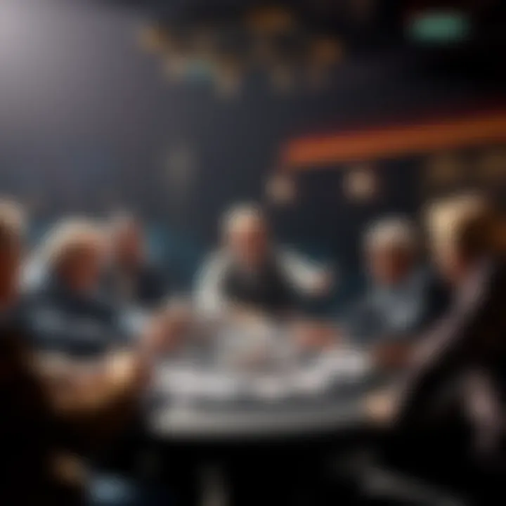 A group of poker legends sitting at a table, engaged in discussion with cards spread out, inviting questions from the audience.
