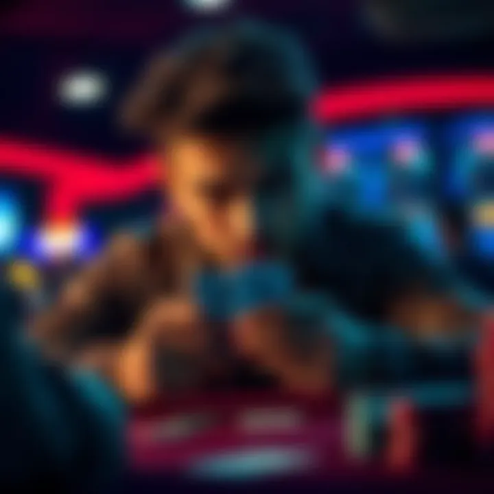 A player focuses on their cards during a tense poker match, contemplating a strategic decision against a loose opponent.