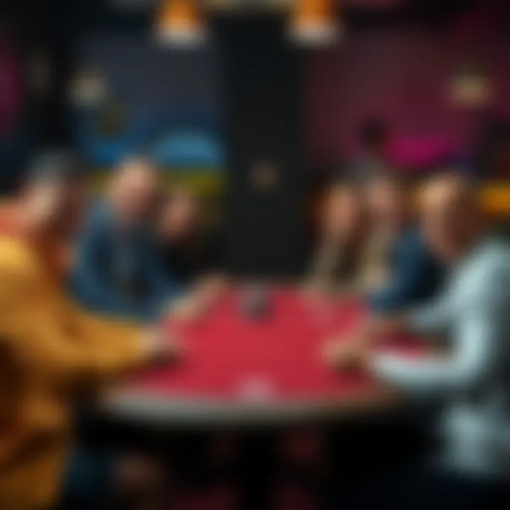 A group of seven people playing poker around a table, smiling and enjoying the game