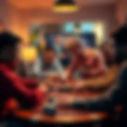 A group of friends playing poker together, showing a mix of excitement and frustration as they react to their hands during a home game