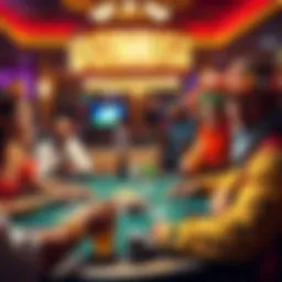 A lively poker table with players wearing colorful costumes, drinks in hand, and intense expressions as they place bets.