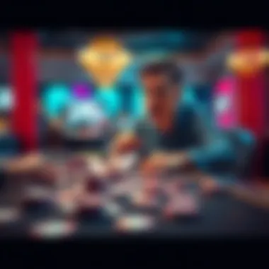 A shocked player sitting at a poker table with cards and chips scattered, reflecting a huge loss during the game.