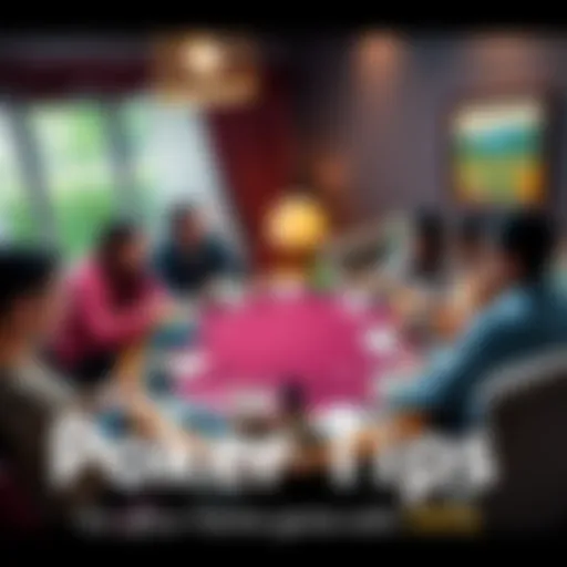 A group of friends gathered around a poker table, discussing strategies and showing their cards, set in a cozy living room with snacks and drinks