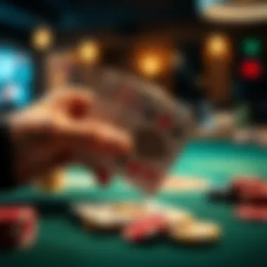 A hand holding poker cards showing a straight flush and a royal flush on a table with chips in the background.
