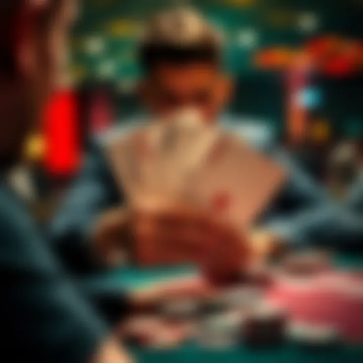 A poker player flips over two ace cards on the table during a game, looking at an opponent with a focused expression.