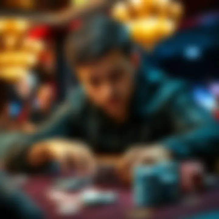 A focused poker player at a table, analyzing cards and chips with a determined expression, highlighting the intensity of the game.