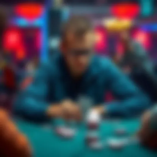 A focused poker player sitting at a table, contemplating their next move while looking at their cards, showing signs of concentration and determination