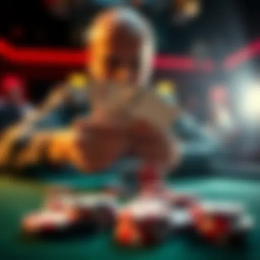 A poker player confidently pushing all their chips into the center of the table, showing two cards face up, creating excitement around the game.