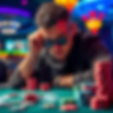 A poker player at Hollywood Park contemplates their move after an all-in bet, surrounded by chips and cards.