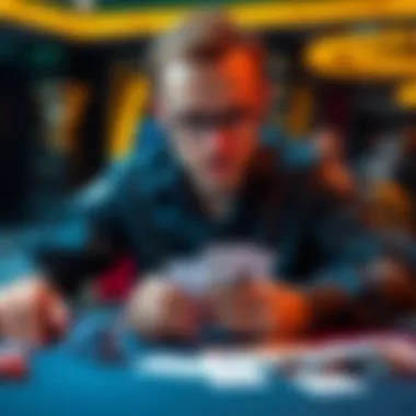 Poker Player Analyzes Hand A focused poker player examines cards on a table, calculating strategy after playing 215 hands with high accuracy.