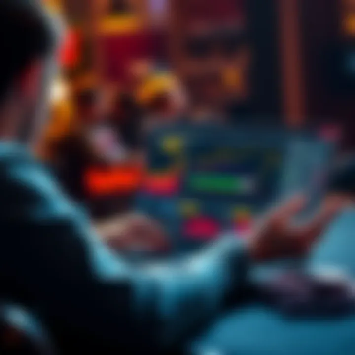 Poker player analyzing data A person studying poker strategies on a laptop with charts and graphs on the screen