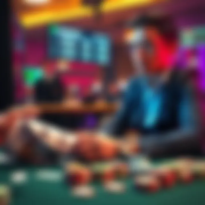 A poker player looking at a screen showing bankroll figures, with chips and cards on the table