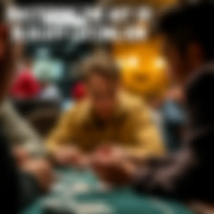 A focused poker player studies their hand at a table, considering their next move while others play around them.