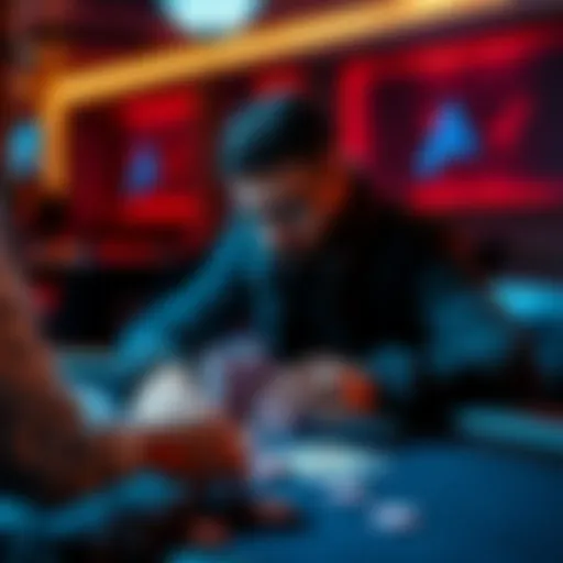 A poker player sitting at a table, focused on their cards and chips while considering their strategy