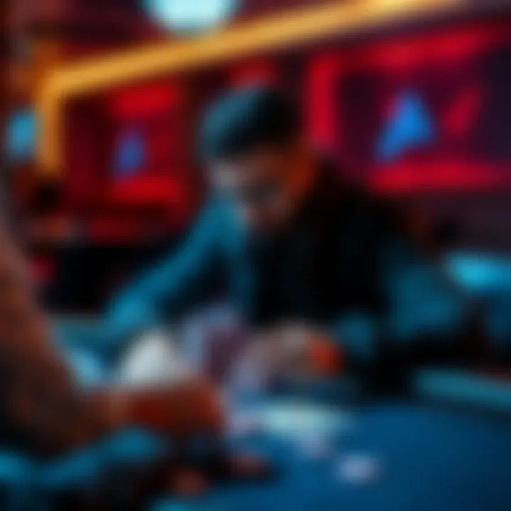 A poker player sitting at a table, focused on their cards and chips while considering their strategy
