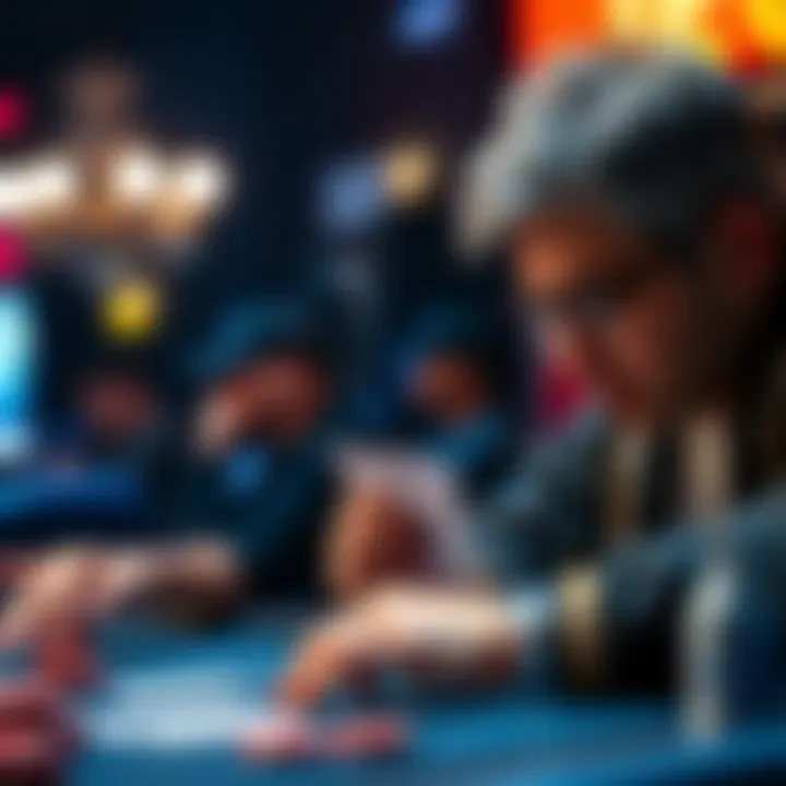 A poker player studying their cards and the table, indicating a strategic decision-making moment