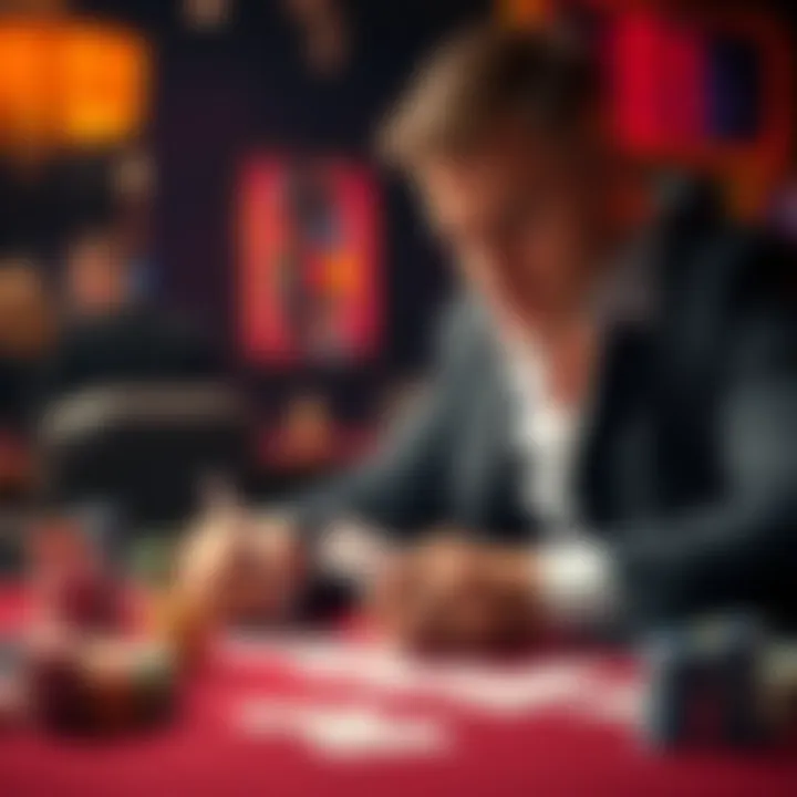 Poker player analyzing hand ranges A focused poker player reviewing cards and betting strategies at a table