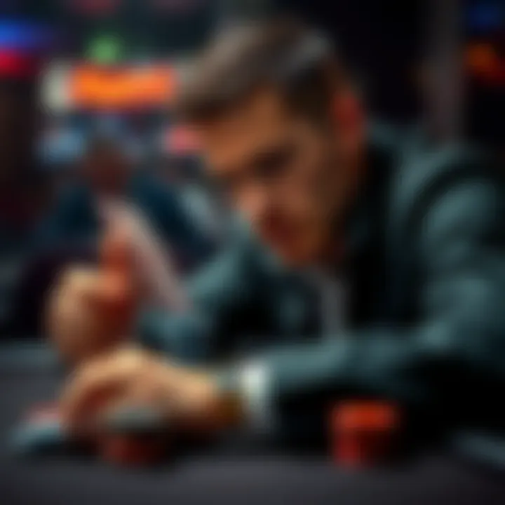Poker Player Analyzing Loss A poker player looks thoughtfully at their cards and chips after losing a $3,000 hand, reflecting on their decisions at the poker table.