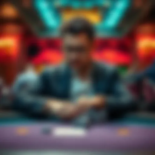 Poker player analyzing strategy A seasoned poker player sitting at a table, looking thoughtful while reviewing his game strategy with chips in front of him