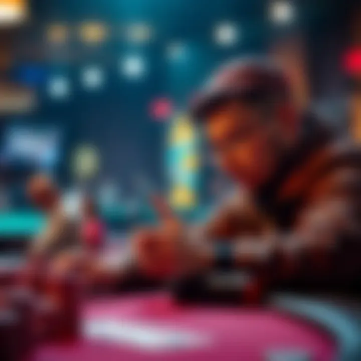 Poker player analyzing their tells A person at a poker table studying their hand and expressions, focusing on identifying their tells