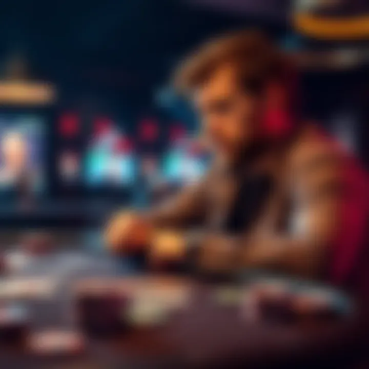 A focused individual sitting at a poker table, contemplating their next move amid playing cards and chips