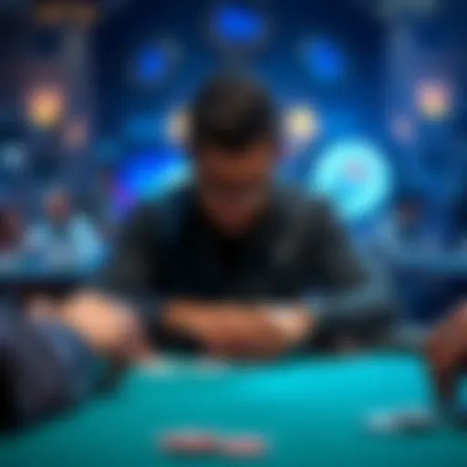 A tense poker player sitting at a table, looking frustrated while facing an aggressive opponent, with cards and chips in front of them.
