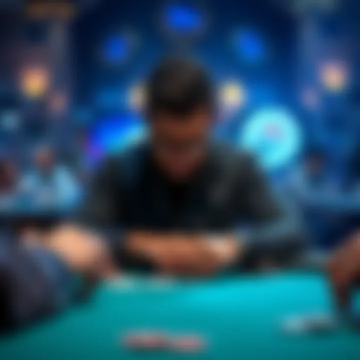 A tense poker player sitting at a table, looking frustrated while facing an aggressive opponent, with cards and chips in front of them.