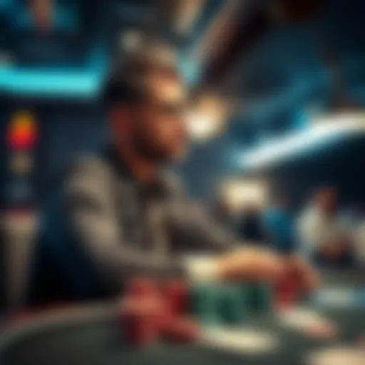 A poker player sitting at a table, looking thoughtfully at poker chips and cards, considering a $100 bet.