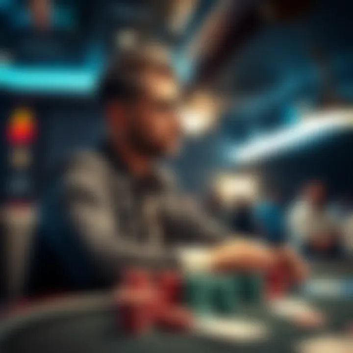 A poker player sitting at a table, looking thoughtfully at poker chips and cards, considering a $100 bet.