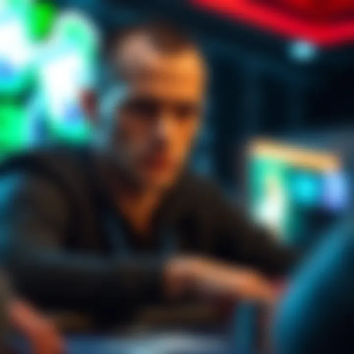 A focused poker player contemplating a bet during a game, showcasing a mix of confidence and uncertainty