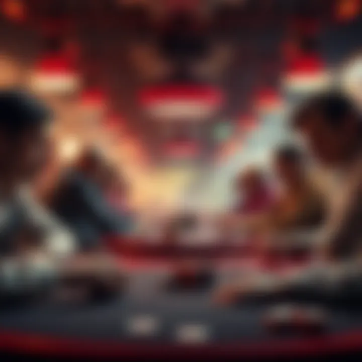 A tense poker player contemplates a big river bet at a table, surrounded by focused opponents and cards.